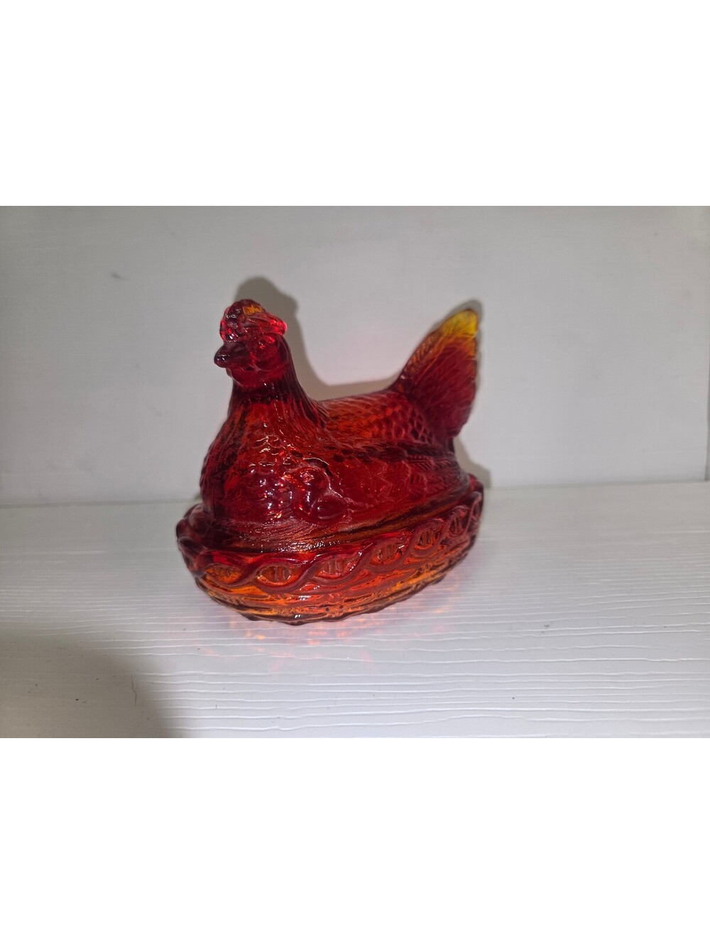 Vintage Amberina Hen On Nest Glass Dish Red Orange Amber Covered Candy Dish